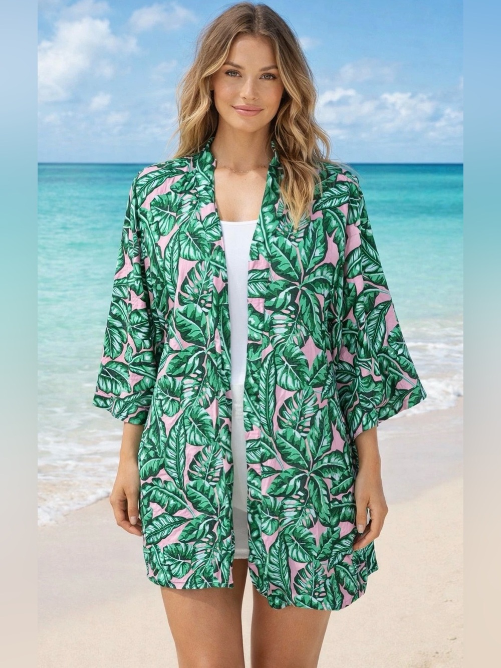 KENNY FLOWERS Pink Palm Leaf Tropical Kimono Coverup Rayon Size Small